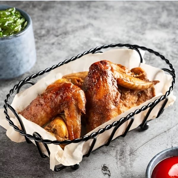 Crispy, glazed chicken wings in a black wire basket with parchment paper, alongside green and red dipping sauces.