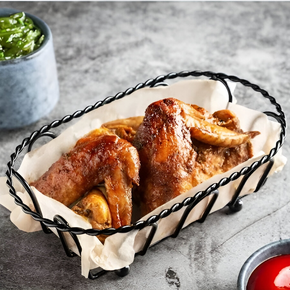 Crispy, glazed chicken wings in a black wire basket with parchment paper, alongside green and red dipping sauces.