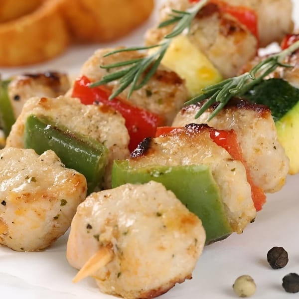 Chicken and vegetable skewers with rosemary sprigs and peppercorns on a white surface.